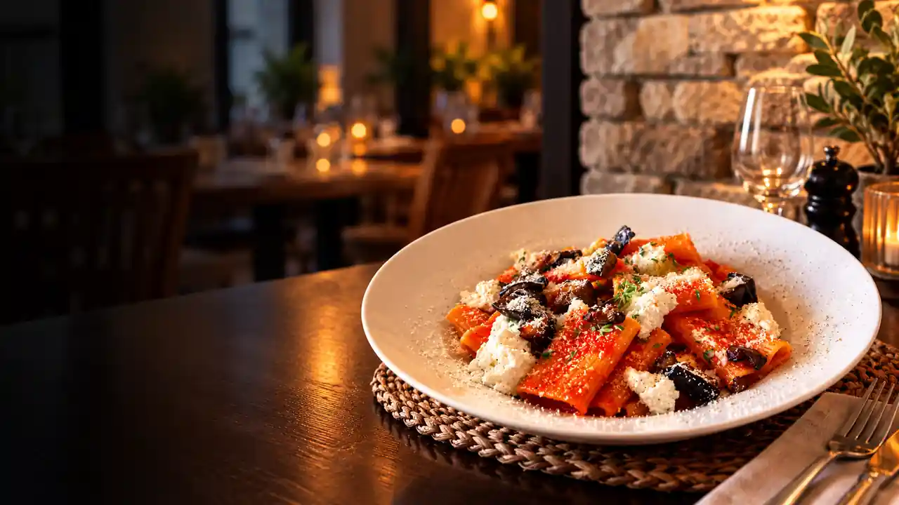 Rigatoni à la tomate, aubergines rôties et ricotta, servis au Dolce