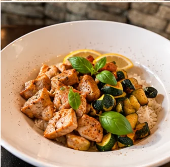 Émincé de poulet, riz et courgettes, plat du jour au Dolce